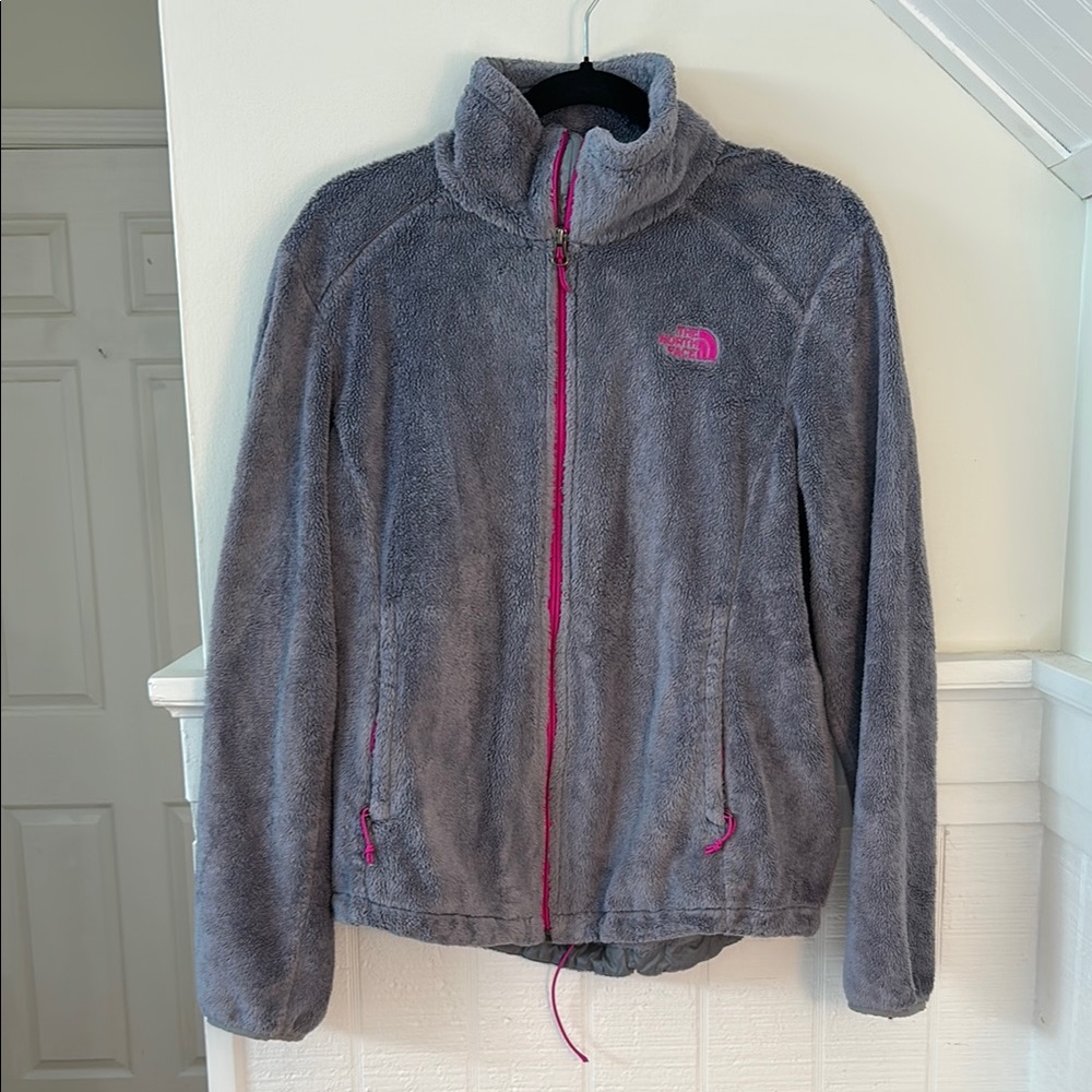 The North Face Fuzzy Gray with Pink Zip Up Jacket size Medium